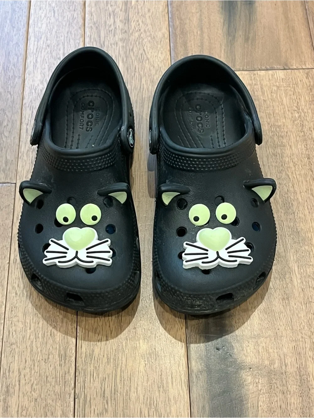 CROCS Kids Black Cat Clogs with Lime Accents